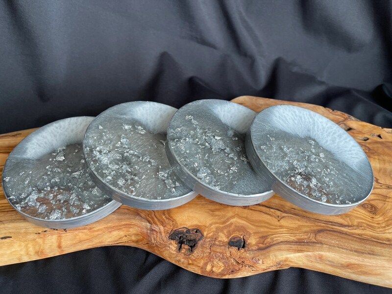 Round Silver and White Coaster Set Set of 4 Coasters Handmade